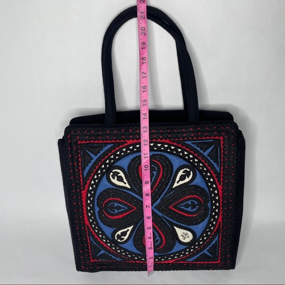 Lulu Guinness Tote Bag Black Blue Red Abstract Design Wool Shoulder Bag - Picture 11 of 14